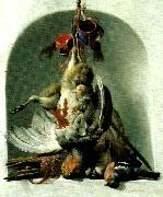 HONDECOETER, Melchior d stilleben med faglar och jaktredskap oil painting artist